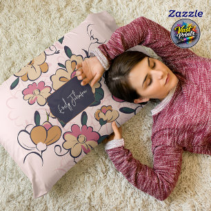 Retro Botanical Custom Name Pink Cream Beige Accent Pillow
