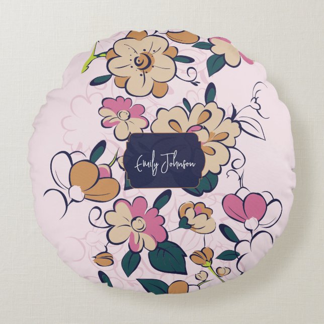 Retro Botanical Custom Name Pink Cream Beige Round Pillow (Front)