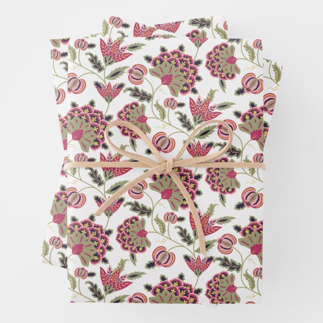 Retro Botanical Damask Wrapping Paper Sheets (In situ)