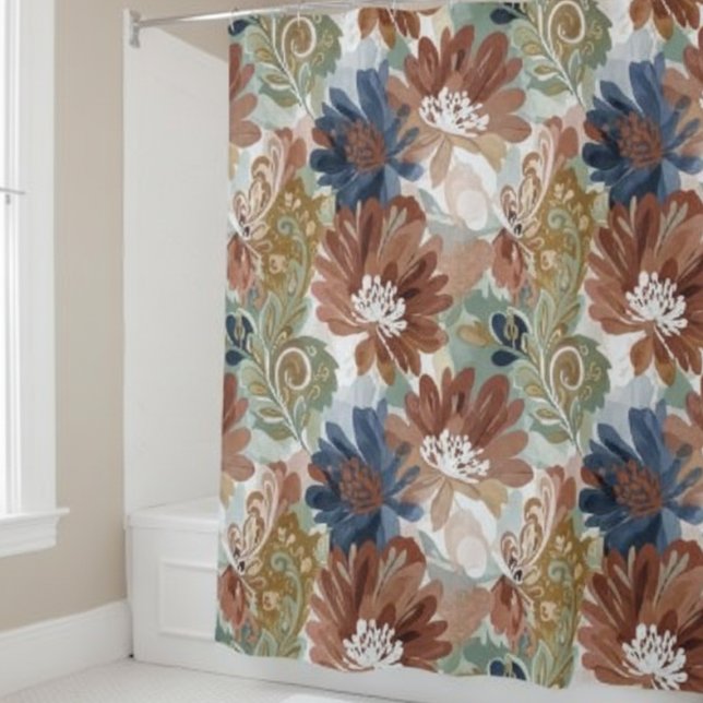 Retro Botanical Floral Shower Curtain (Floral Shower Curtain Autumn Blooms)