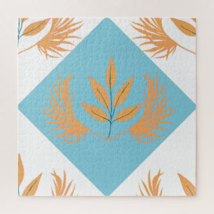 Retro Botanical Geometric Pattern   Orange Floral  Jigsaw Puzzle