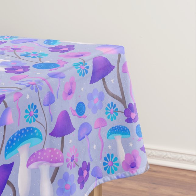 Retro Botanical Mushrooms Flowers Purple Turquoise Tablecloth (In Situ)