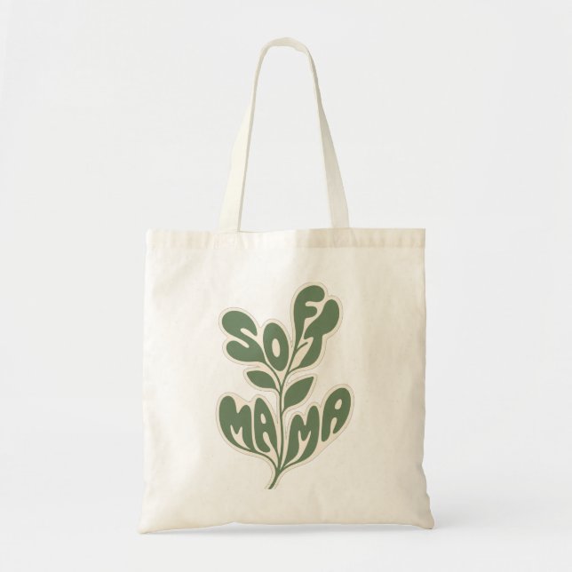 Retro Botanical "Soft Mama" Leaf Typography Design Tote Bag (Front)