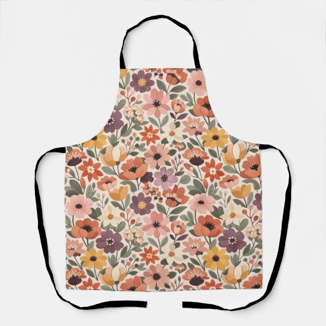 Retro Botanical Wildflower Apron in Autumn Tones (Front)