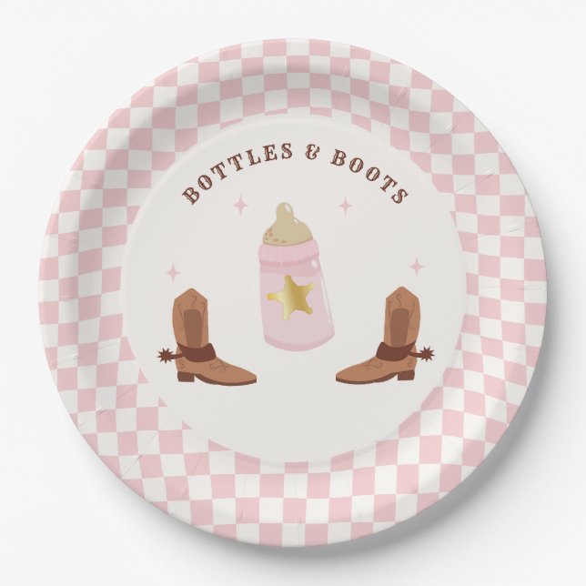 Retro Bottles and Boots Cowgirl Baby Shower Paper Plates (Front)