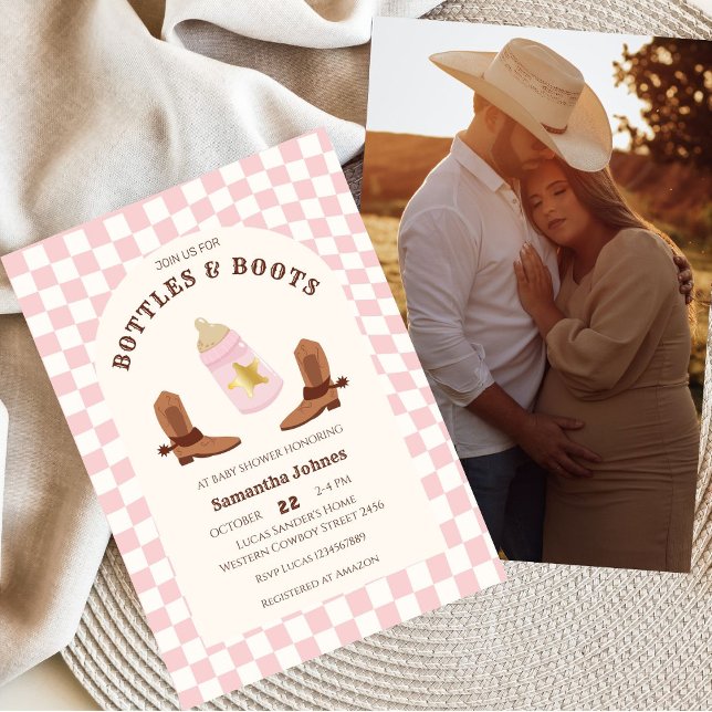 Retro Bottles and Boots Cowgirl Photo Baby Shower  Invitation (Photo Invitation)