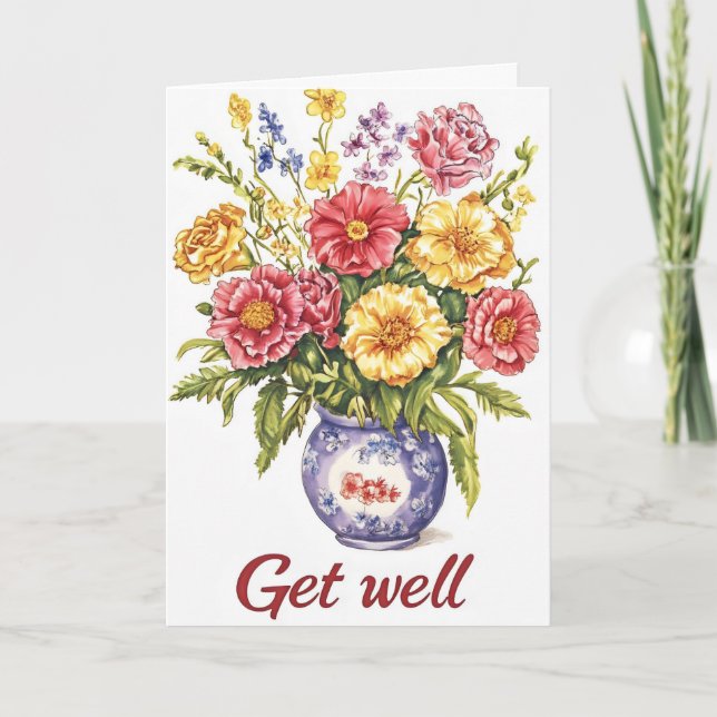 Retro Bouquet Flowers Get Well Holiday Card (Front)