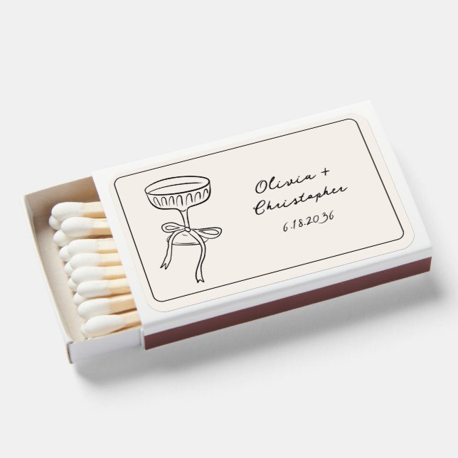 Retro Bow Champagne Glass Sketch Custom Wedding Matchboxes (Front Open)