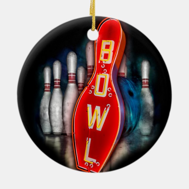 Retro Bowl with bowling pins and ball Ceramic Ornament (Back)