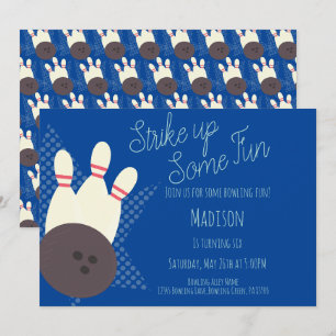 Retro Bowling Alley Birthday Party Blue Invitation