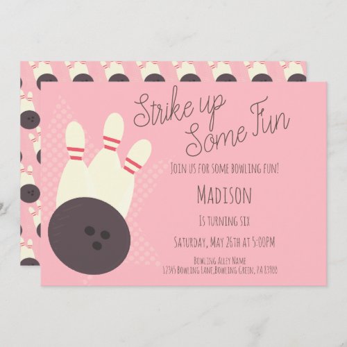 Retro Bowling Alley Birthday Party Pink Invitation