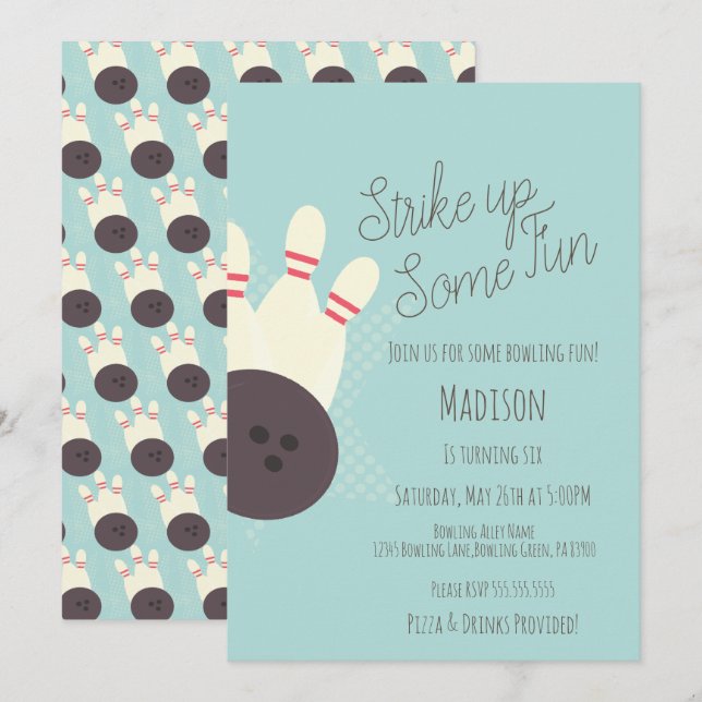 Retro Bowling Alley Birthday Party Teal Invitation (Front/Back)
