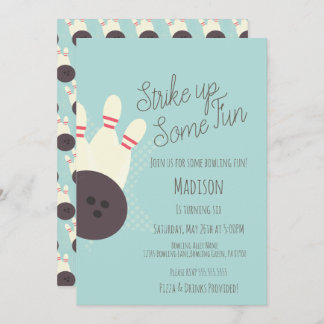 Retro Bowling Alley Birthday Party Teal Invitation
