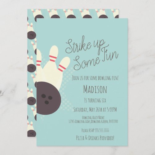 Retro Bowling Alley Birthday Party Teal Invitation