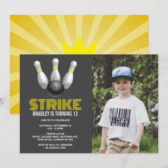 Retro Bowling Any Age Birthday Photo Invitation (Front/Back)
