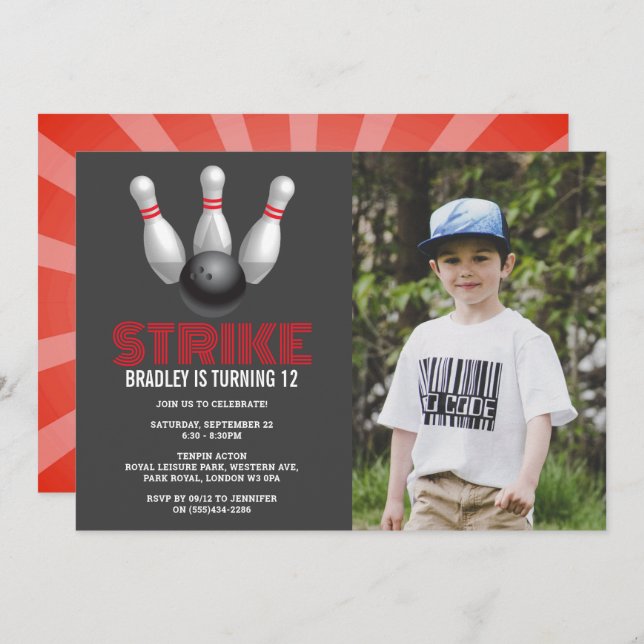 Retro Bowling Any Age Birthday Photo Invitation (Front/Back)