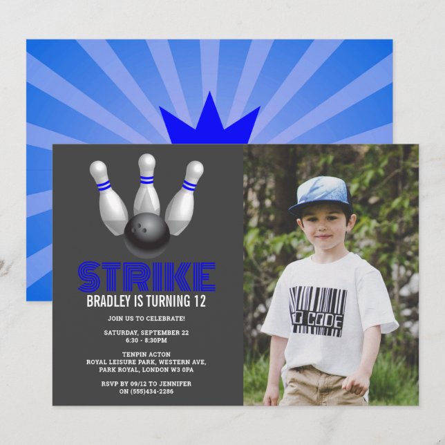 Retro Bowling Any Age Birthday Photo Invitation (Front/Back)