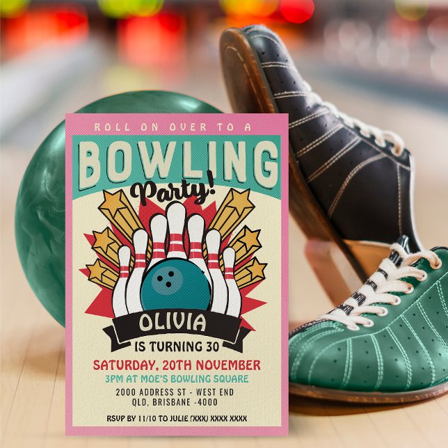 Retro Bowling Birthday Party Invitation (Inspired by retro 60's posters, this fantastic invitation will be right up your alley. )