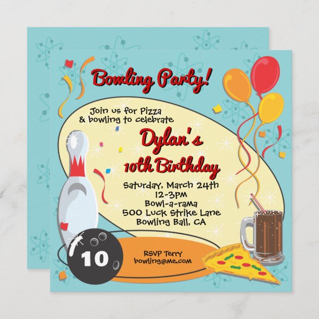 Retro Bowling Birthday Party Invitation (Front/Back)