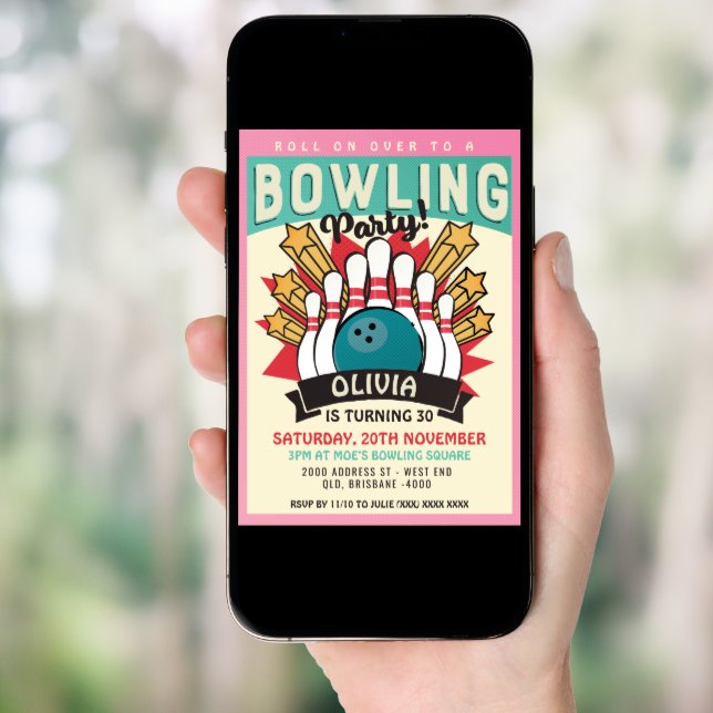 Retro Bowling Birthday Party Invitation (Front Digital)