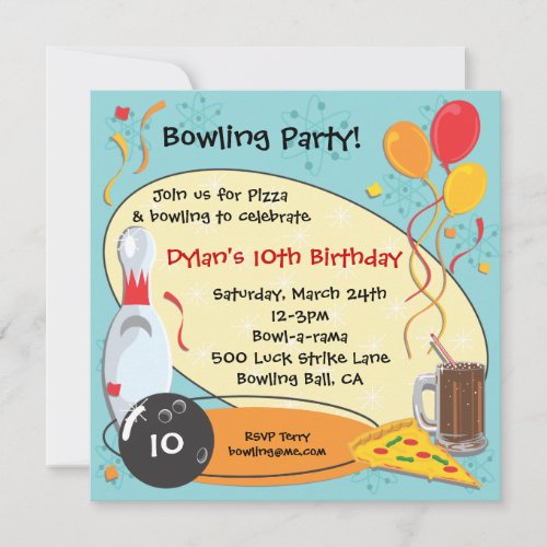 Retro Bowling Birthday Party Invitation Card