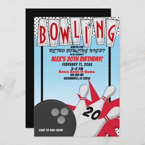 Retro Bowling Bowl Night Birthday Party Invitation