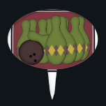Retro Bowling Cake Topper<br><div class="desc">Harvest green fifties pins with argyle pattern and an old brown ball. Copper background with black and white border.</div>