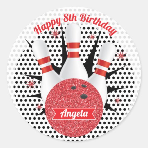 Retro Bowling Glitter Birthday Party Classic Round Sticker