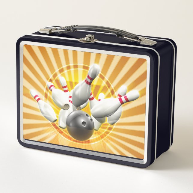 Retro Bowling Graphic in Yellow and Black Metal Lunch Box (Front)