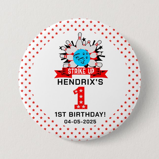 Retro Bowling Kids 1st Birthday Party Button (Front)