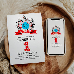 Retro Bowling Kids 1st Birthday Party Invitation