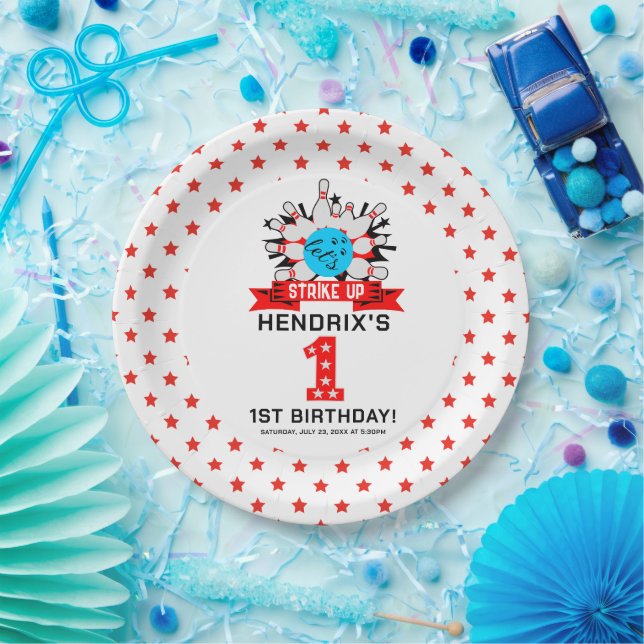 Retro Bowling Kids 1st Birthday Party Paper Plates (Party)