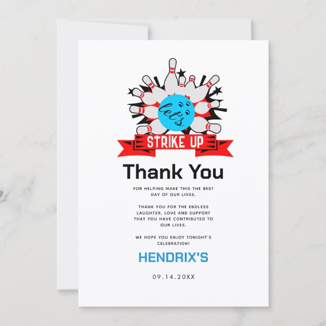Retro Bowling Kids 1st Birthday Party Thank You Card (Front)