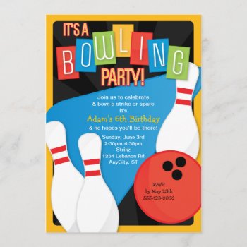 Retro Bowling Kid's Birthday Party Invitation by LittleBeesGraphics at Zazzle