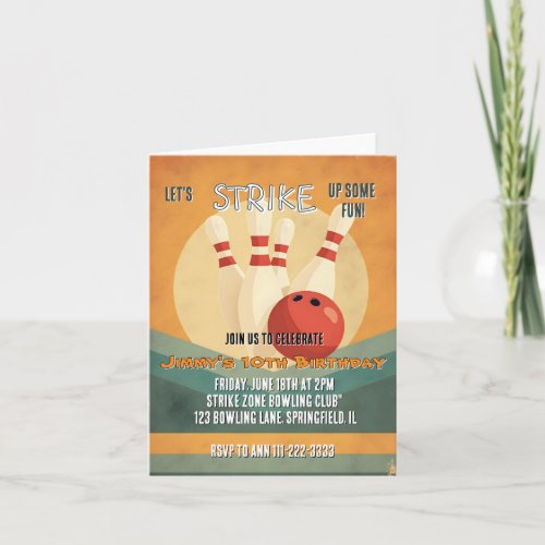 Retro Bowling Kids Birthday Party Invitation 