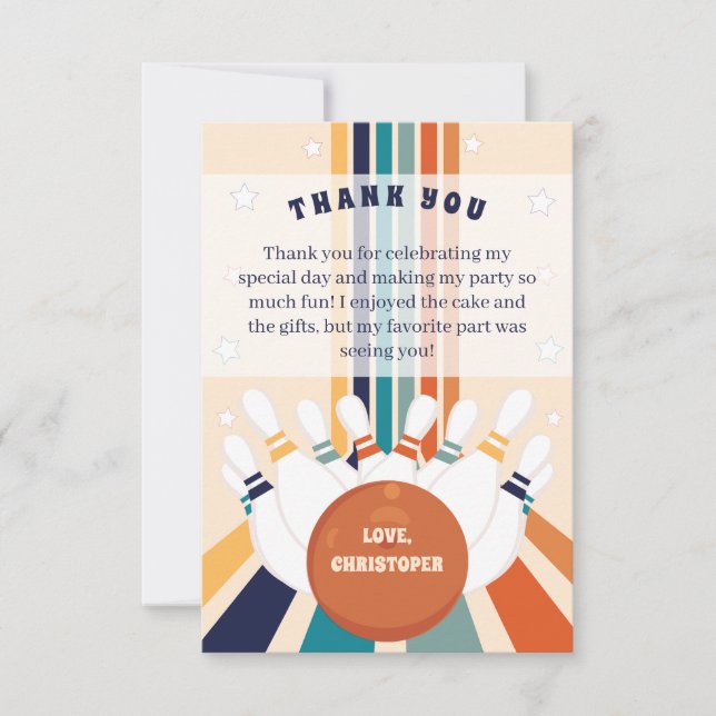 Retro Bowling kids Birthday Party Thank You Card (Front)