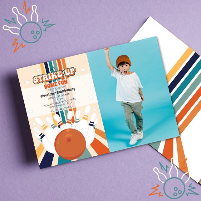 Retro Bowling Kids Birthday Photo Invitation (Creator Uploaded)