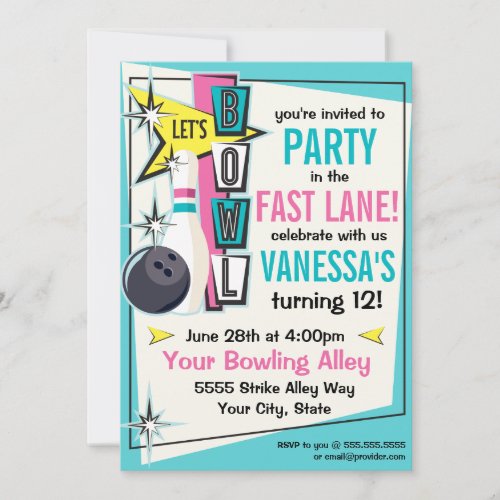Retro Bowling Party Invitation - Pink