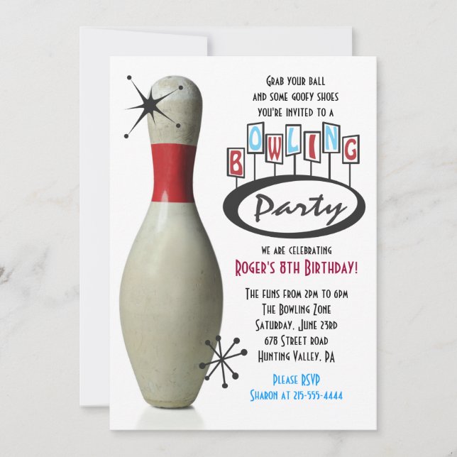 RETRO BOWLING PIN Happy Birthday Party Invitation (Front)