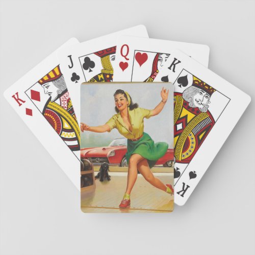 Retro bowling pinup girl playing cards