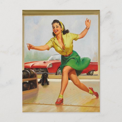 Retro bowling pinup girl postcard