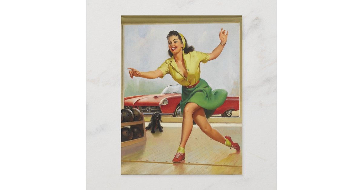 Retro bowling pinup girl postcard Zazzle