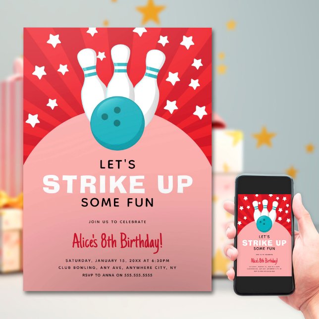 Retro Bowling Red Kids Birthday Party Invitation (Creator Uploaded)
