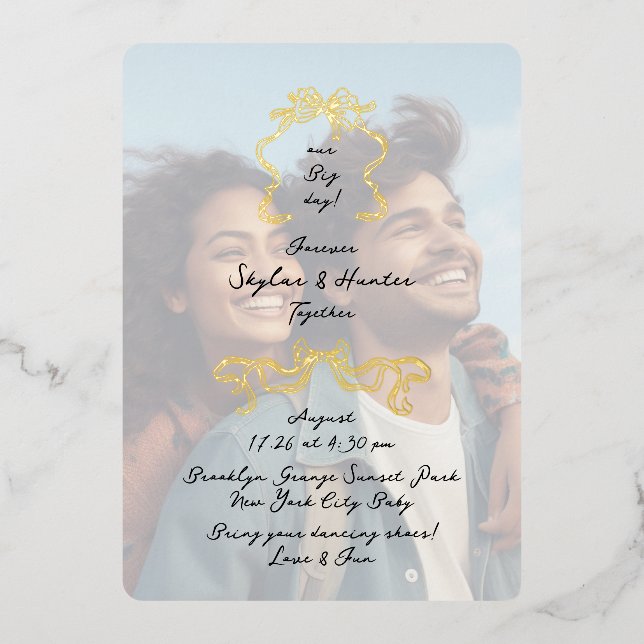 Retro Bows Doodle Black Gold Overlay Photo Wedding Foil Invitation (Front)