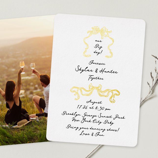 Retro Bows Doodle Handwritten Black& White & Gold Foil Invitation (Creator Uploaded)