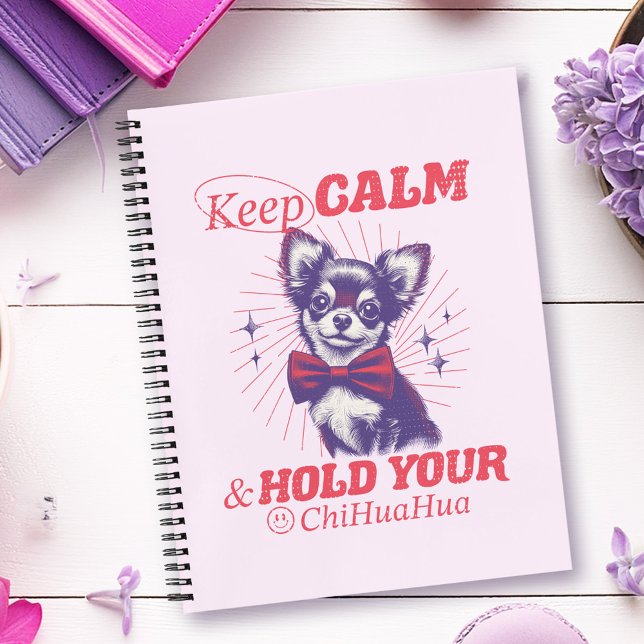 Retro Bowtie Chihuahua Graphic - Keep Calm Quote Notebook (This funny design uses retro fonts and vintage-style graphics in bright pink typography.)