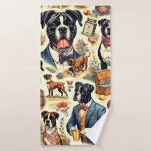 Retro Boxer Dog Illustration Bath Towel