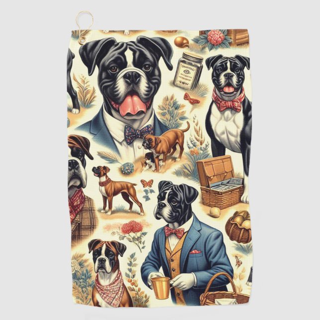 Retro Boxer Dog Illustration Golf Towel (Front)