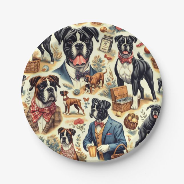 Retro Boxer Dog Illustration Paper Plates (Front)