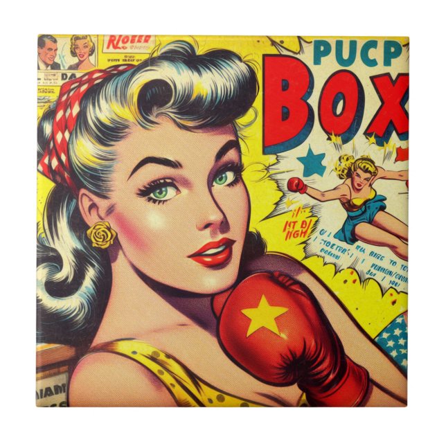 Retro Boxing Girl Comics Ceramic Tile (Front)